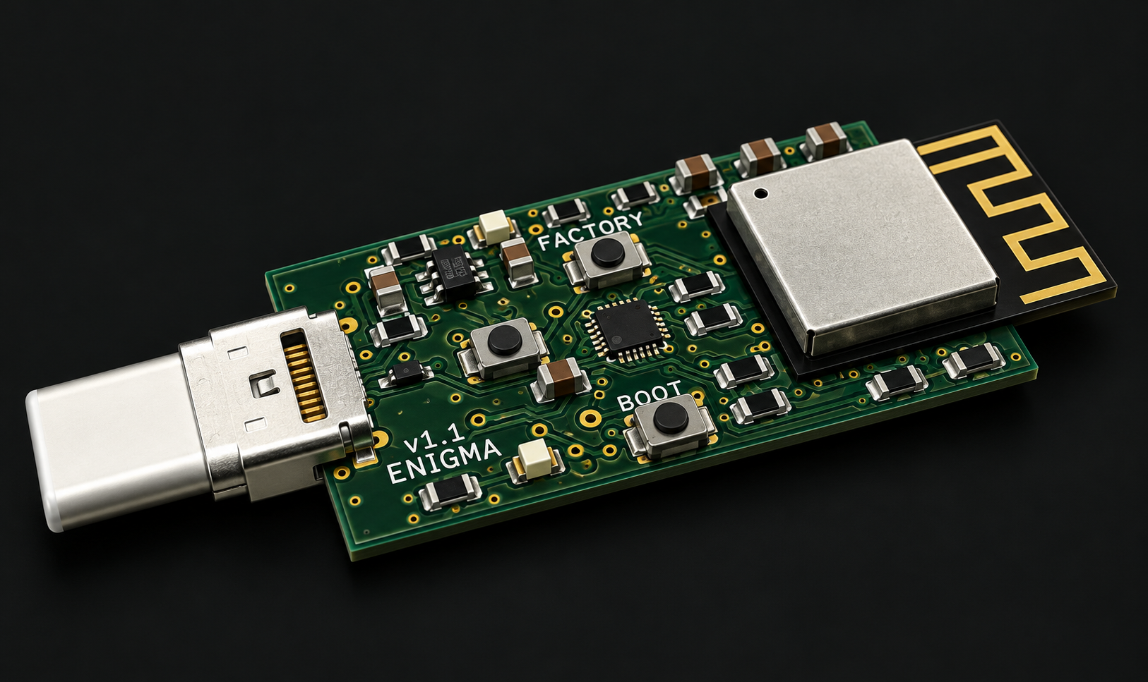 Illustration of Enigma Stick: a green PCB with USB-C connector, secure element, buttons, and a shielded wireless module.